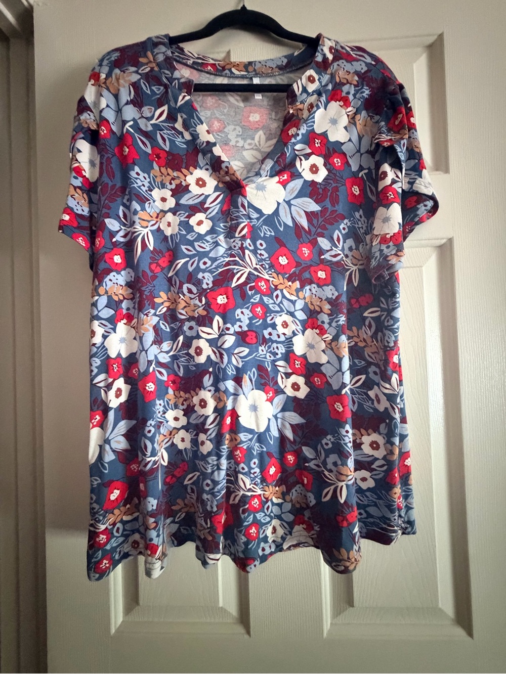 Floral V-Neck Tunic Top in Blue and Red